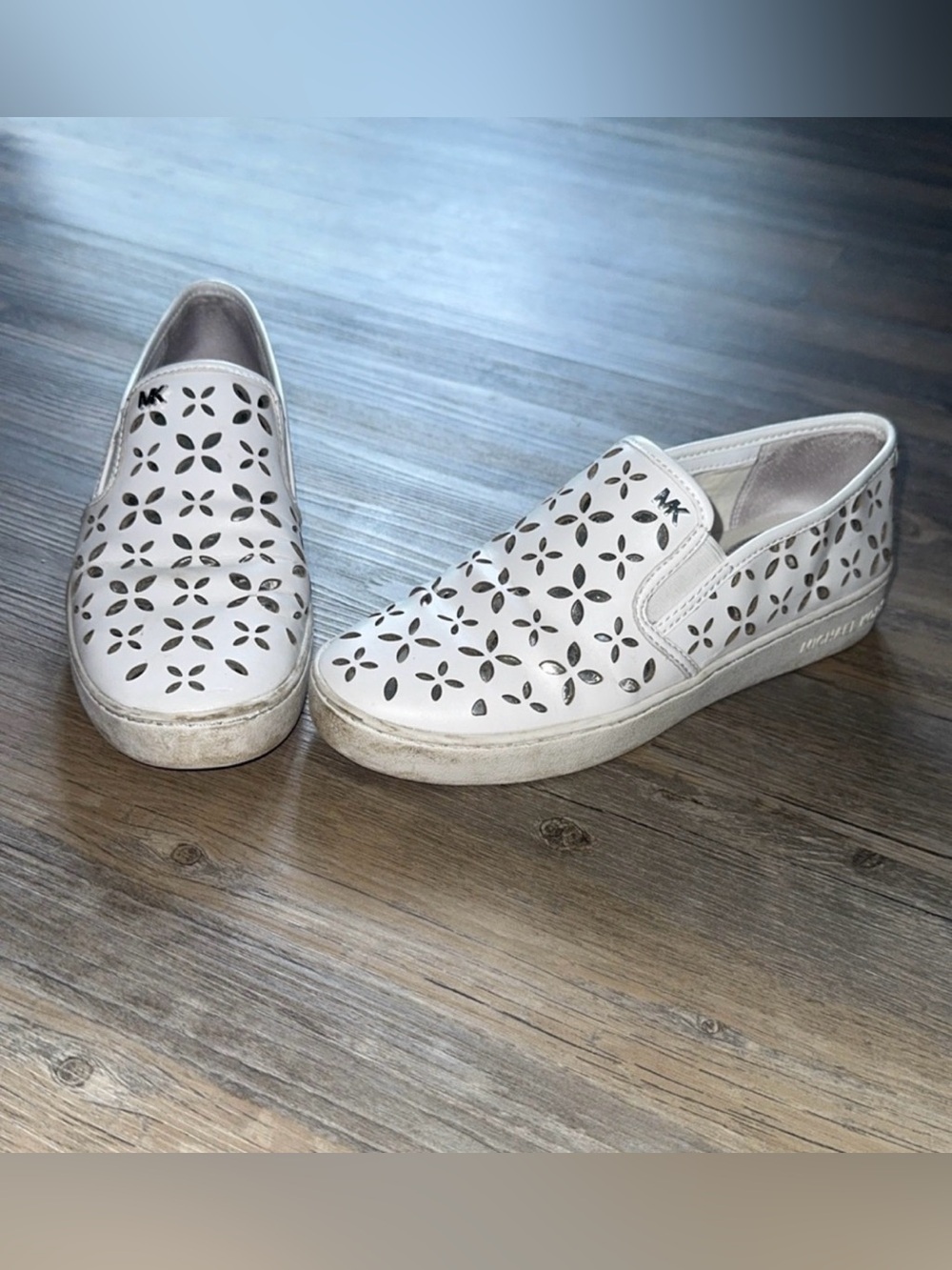 Michael Kors White and Silver Keaton Slip-On Sneakers in Size 6M